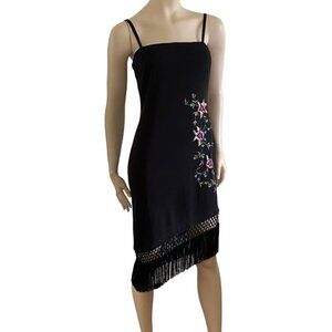 Algo Asymmetric Embroidered Fringe Crochet Dress Sz 6​​​​​​​​​